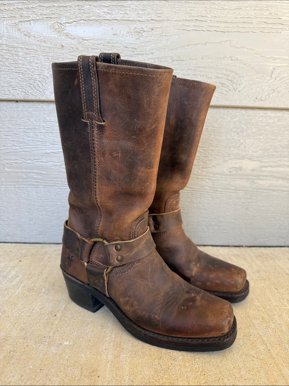 Frye Brown Leather Harness Cowboy Boots